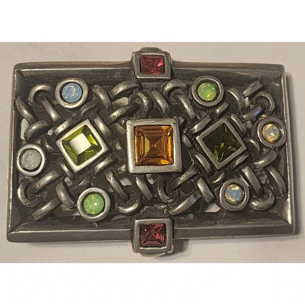 Vintage Silver Tone Multi Color Crystal Interwoven Belt Buckle Metalwork